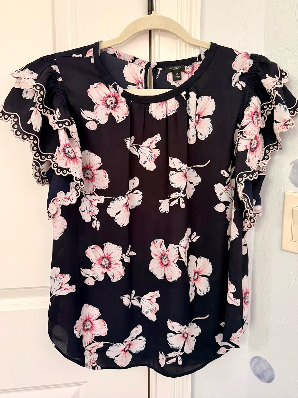 Ann Taylor Black Floral Ruffle Sleeve Blouse